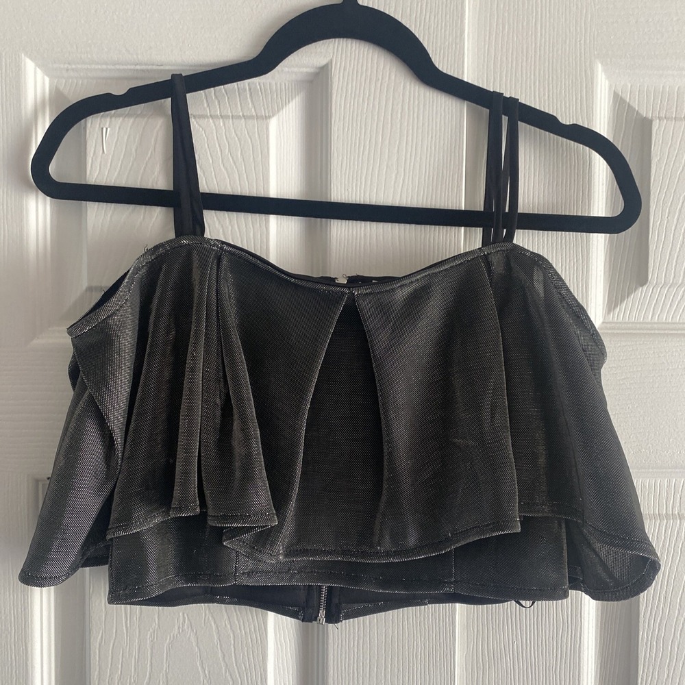 After Market Metallic Ruffle Crop Top Womens Size S Silver Black‎ Party Shimmer